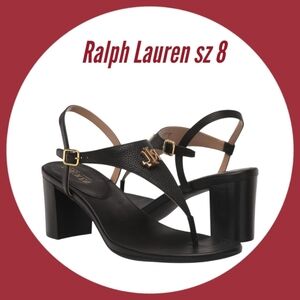 New LAUREN RALPH LAUREN Sandals WomannWestcott Black Leather Toe Post Heels Sz 8